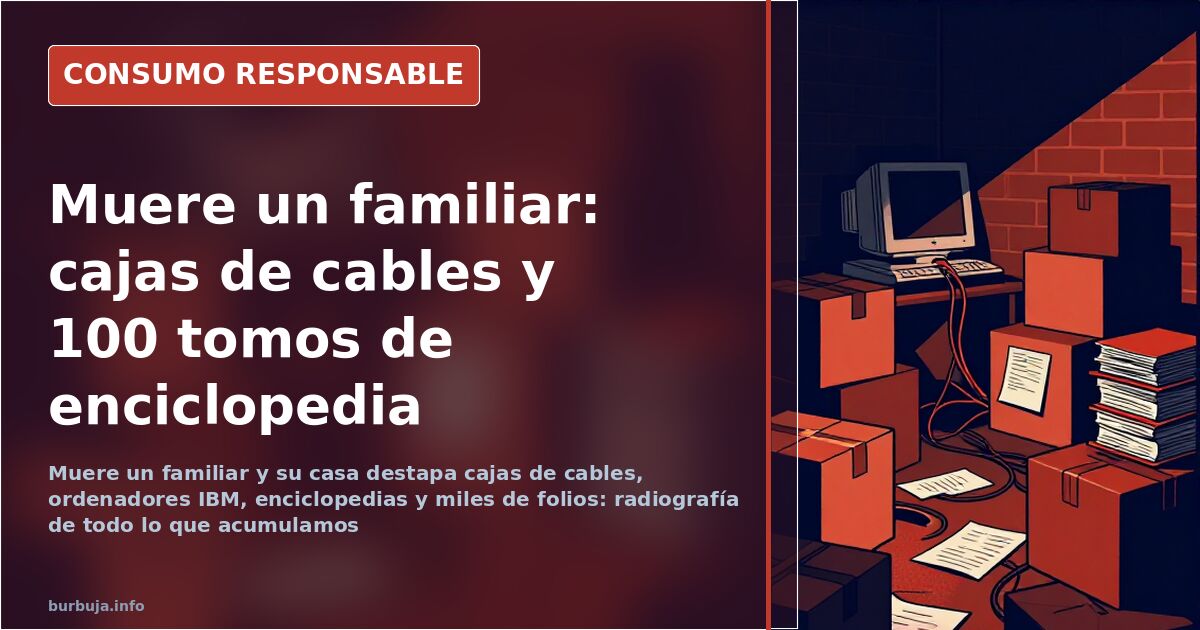 Cajas de cartón apiladas con cables, discos y libros viejos durante el vaciado de una vivienda familiar