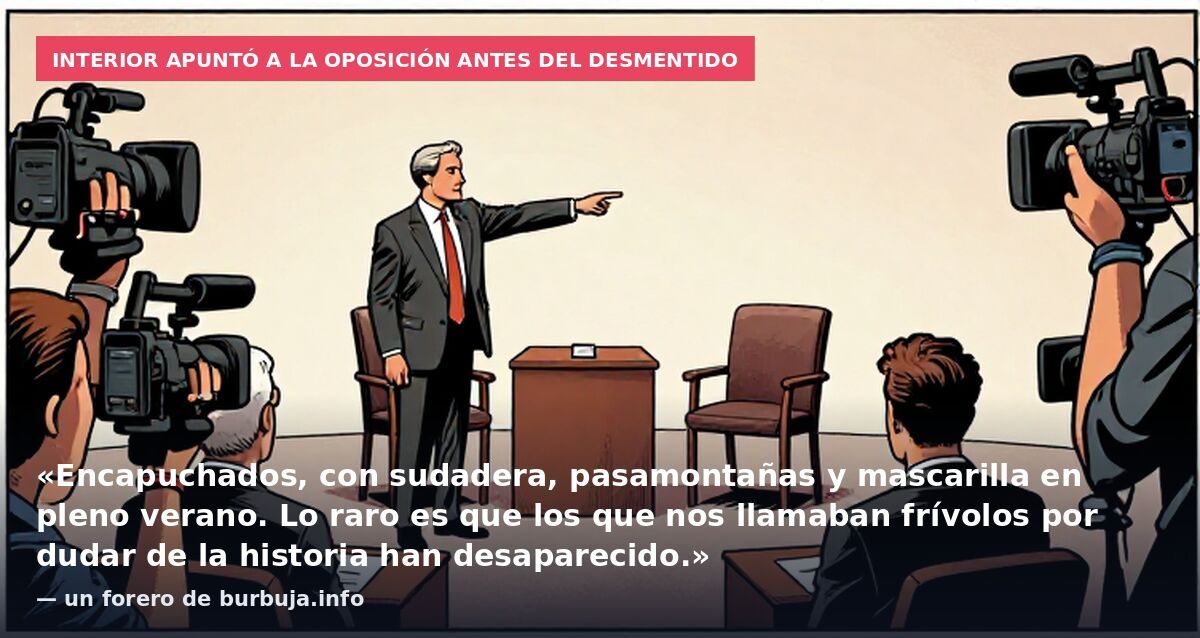 Interior apuntó a la oposición antes del desmentido: «Encapuchados, con sudadera, pasamontañas y mascarilla en pleno verano. Lo raro es que los que nos llamaban frívolos por dudar de la historia han desaparecido.» — un forero de burbuja.info