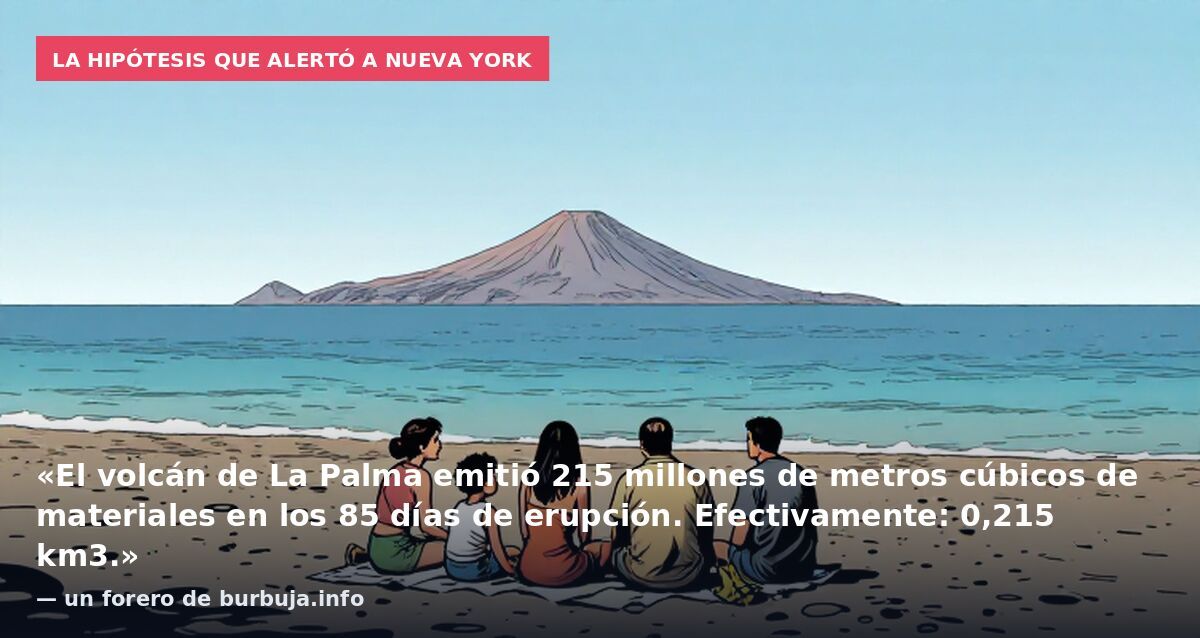 La hipótesis que alertó a Nueva York: «El volcán de La Palma emitió 215 millones de metros cúbicos de materiales en los 85 días de erupción. Efectivamente: 0,215 km3.» — un forero de burbuja.info