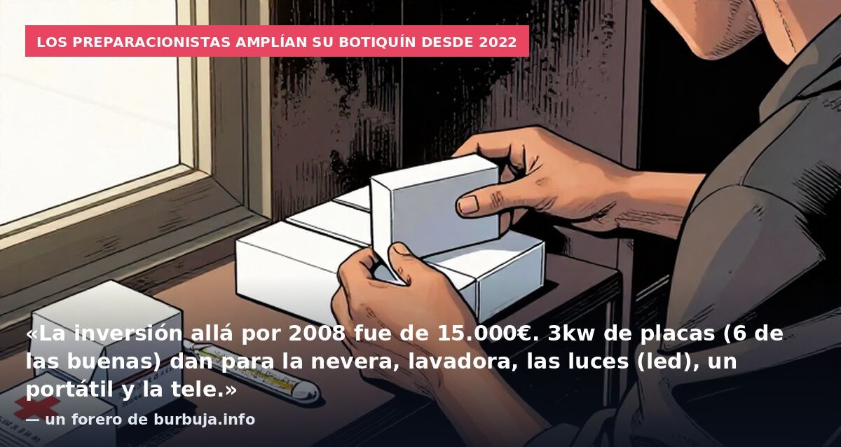 Los preparacionistas amplían su botiquín desde 2022: «La inversión allá por 2008 fue de 15.000€. 3kw de placas (6 de las buenas) dan para la nevera, lavadora, las luces (led), un portátil y la tele.» — un forero de burbuja.info