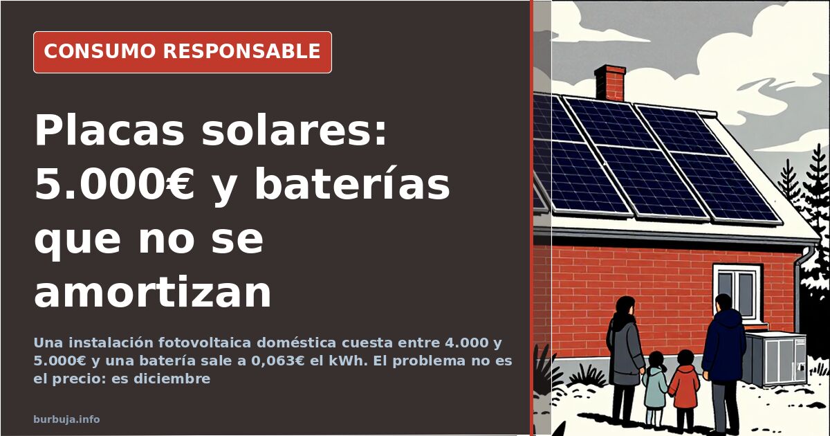 Paneles solares fotovoltaicos sobre el tejado de un adosado, con inversor híbrido y baterías domésticas en el interior