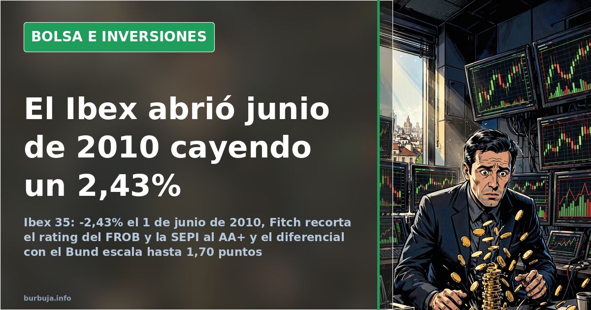 Gráfico de velas del Ibex 35 en junio de 2010 con sesiones en rojo y pantalla de terminal bursátil mostrando el desplome