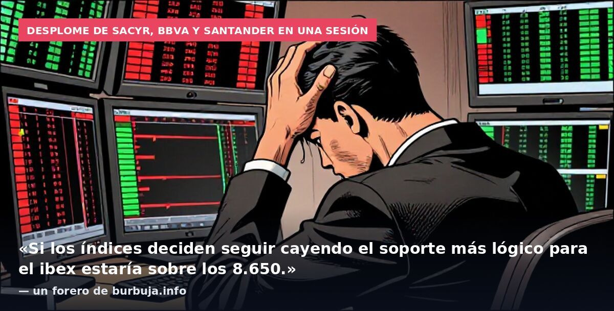 Desplome de Sacyr, BBVA y Santander en una sesión: «Si los índices deciden seguir cayendo el soporte más lógico para el ibex estaría sobre los 8.650.» — un forero de burbuja.info