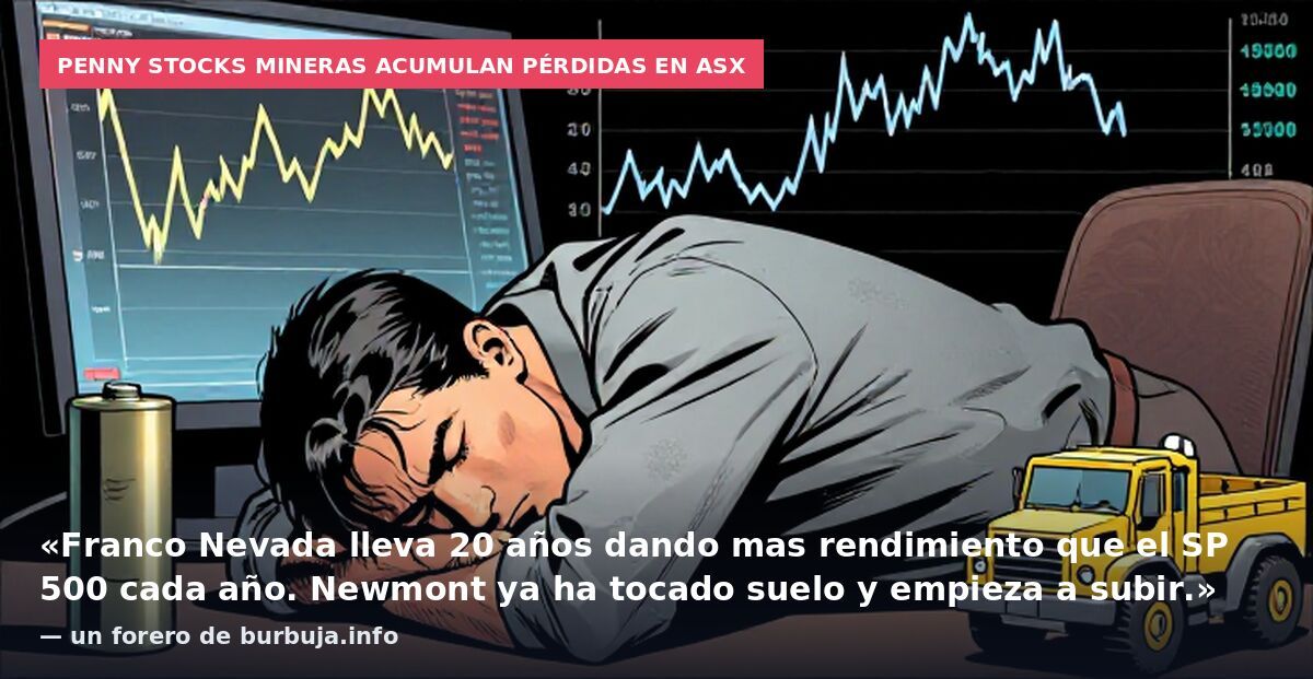Penny stocks mineras acumulan pérdidas en ASX: «Franco Nevada lleva 20 años dando mas rendimiento que el SP 500 cada año. Newmont ya ha tocado suelo y empieza a subir.» — un forero de burbuja.info