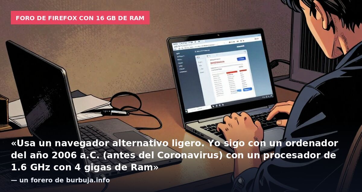Foro de Firefox con 16 GB de RAM: «Usa un navegador alternativo ligero. Yo sigo con un ordenador del año 2006 a.C. (antes del Coronavirus) con un procesador de 1.6 GHz con 4 gigas de Ram» — un forero de burbuja.info