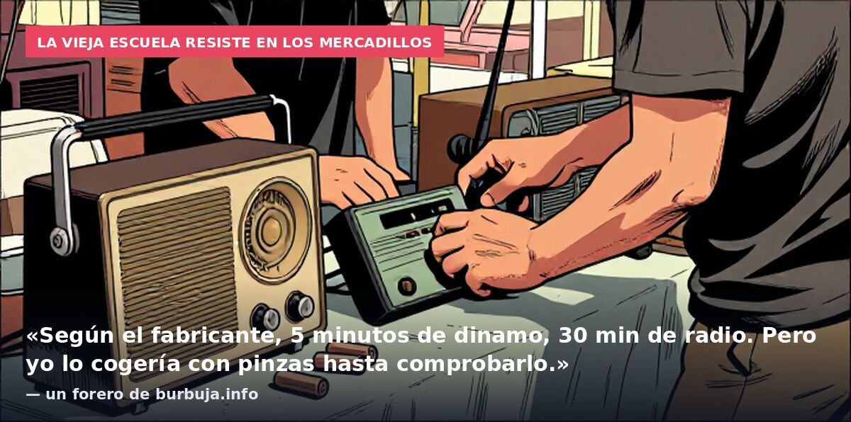 La vieja escuela resiste en los mercadillos: «Según el fabricante, 5 minutos de dinamo, 30 min de radio. Pero yo lo cogería con pinzas hasta comprobarlo.» — un forero de burbuja.info