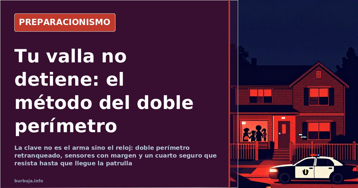 Valla metálica sobre murete retranqueada en una finca aislada con cartel de aviso en el perímetro exterior