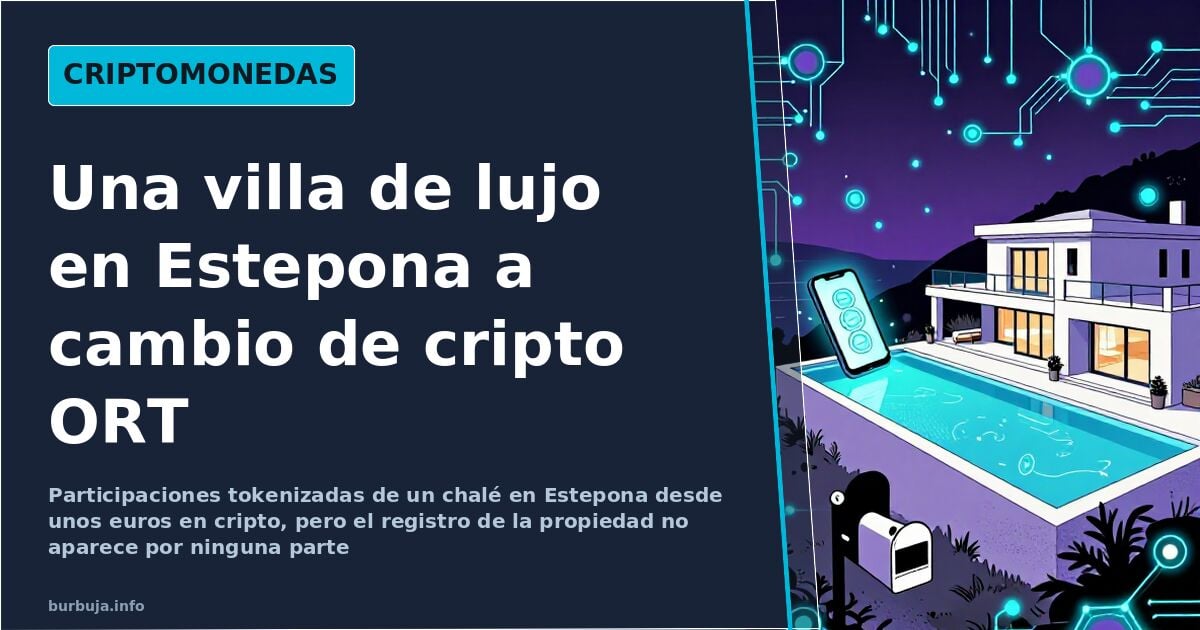Ilustración digital de una villa de lujo en la Costa del Sol conectada por nodos de blockchain sobre fondo oscuro