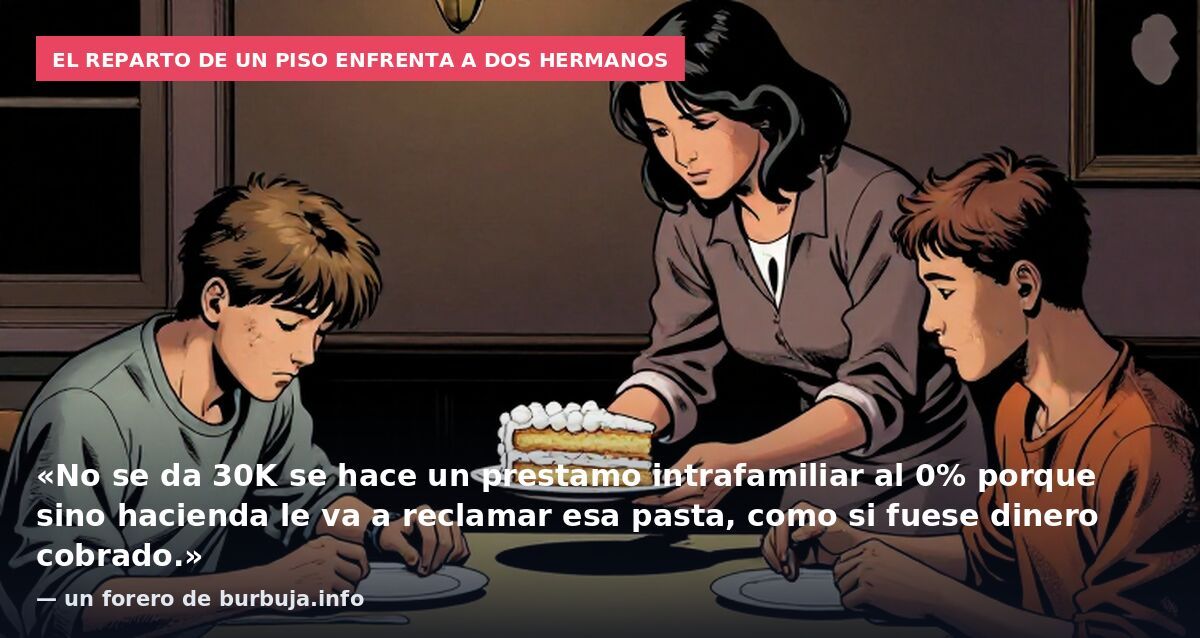 El reparto de un piso enfrenta a dos hermanos: «No se da 30K se hace un prestamo intrafamiliar al 0% porque sino hacienda le va a reclamar esa pasta, como si fuese dinero cobrado.» — un forero de burbuja.info