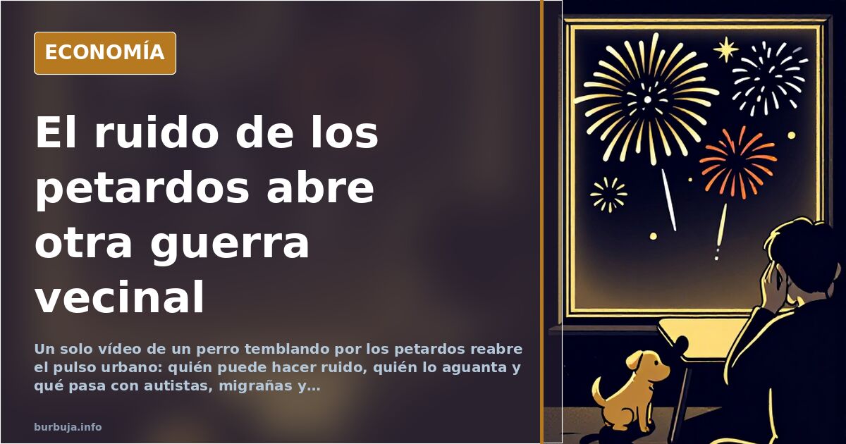 Perro asustado bajo una mesa mientras en la calle estallan petardos y fuegos artificiales de noche