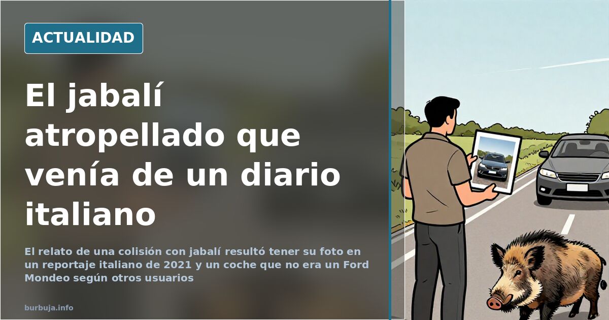 Coche con el frontal destrozado tras chocar contra un jabalí en una carretera con señalización viaria al fondo