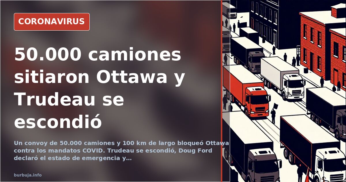 Columna de camiones del Freedom Convoy avanzando por una carretera nevada de Canadá hacia Ottawa