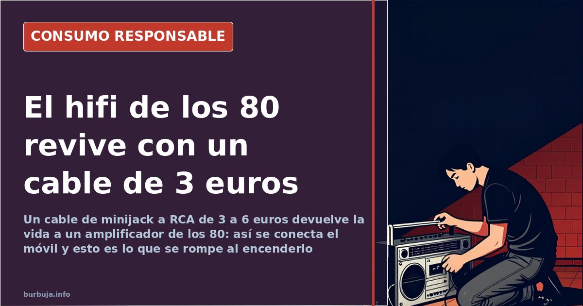Amplificador y plato de un equipo hifi antiguo con un cable minijack a RCA conectado a un reproductor de MP3