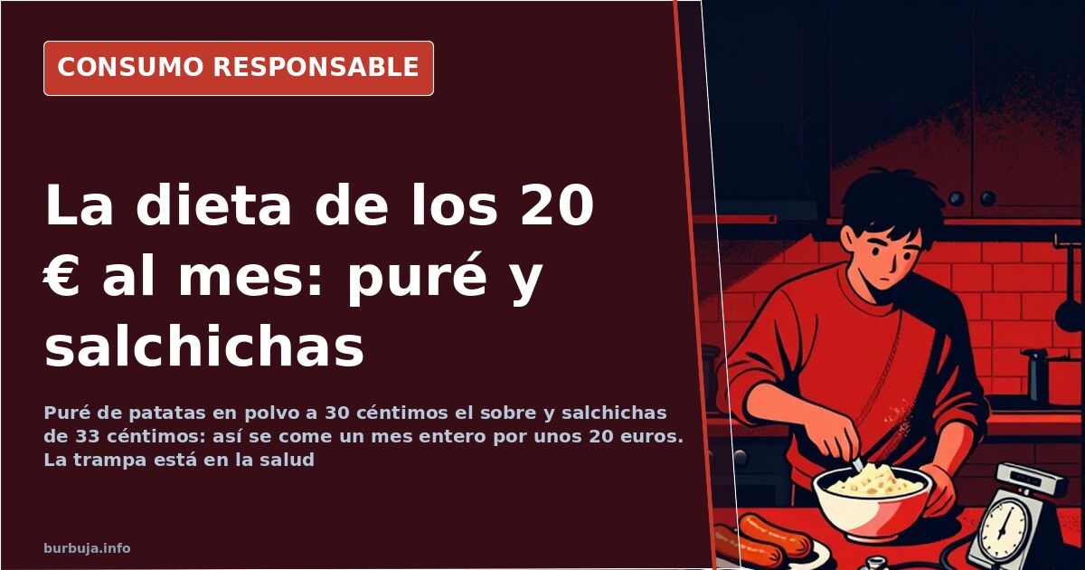 Puré de patatas en polvo, salchichas envasadas y barras de pan baratas sobre una mesa como base de una dieta de subsistencia