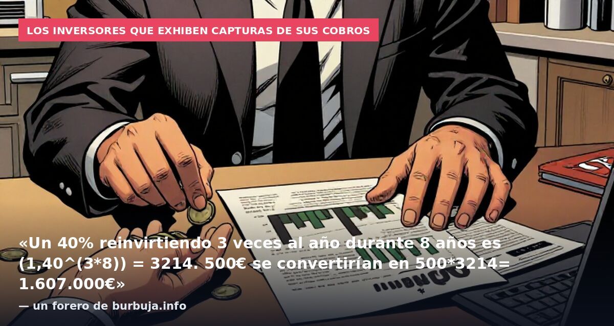 Los inversores que exhiben capturas de sus cobros: «Un 40% reinvirtiendo 3 veces al año durante 8 años es (1,40^(3*8)) = 3214. 500€ se convertirían en 500*3214= 1.607.000€» — un forero de burbuja.info