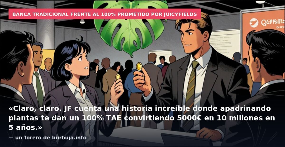 Banca tradicional frente al 100% prometido por JuicyFields: «Claro, claro. JF cuenta una historia increíble donde apadrinando plantas te dan un 100% TAE convirtiendo 5000€ en 10 millones en 5 años.» — un forero de burbuja.info