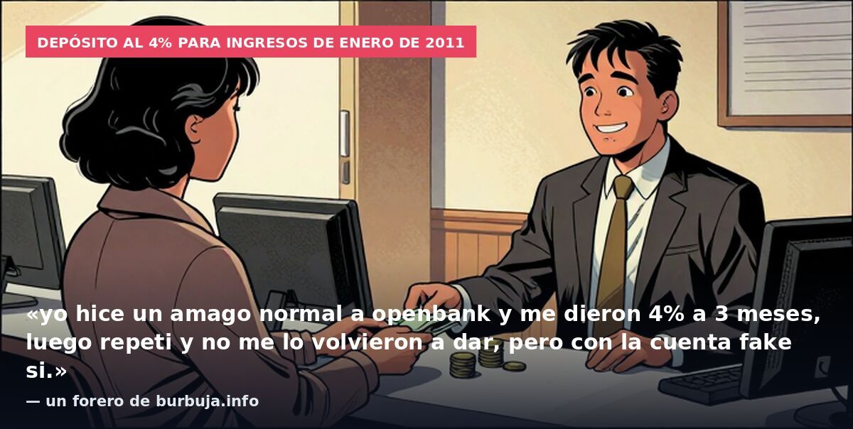 Depósito al 4% para ingresos de enero de 2011: «yo hice un amago normal a openbank y me dieron 4% a 3 meses, luego repeti y no me lo volvieron a dar, pero con la cuenta fake si.» — un forero de burbuja.info