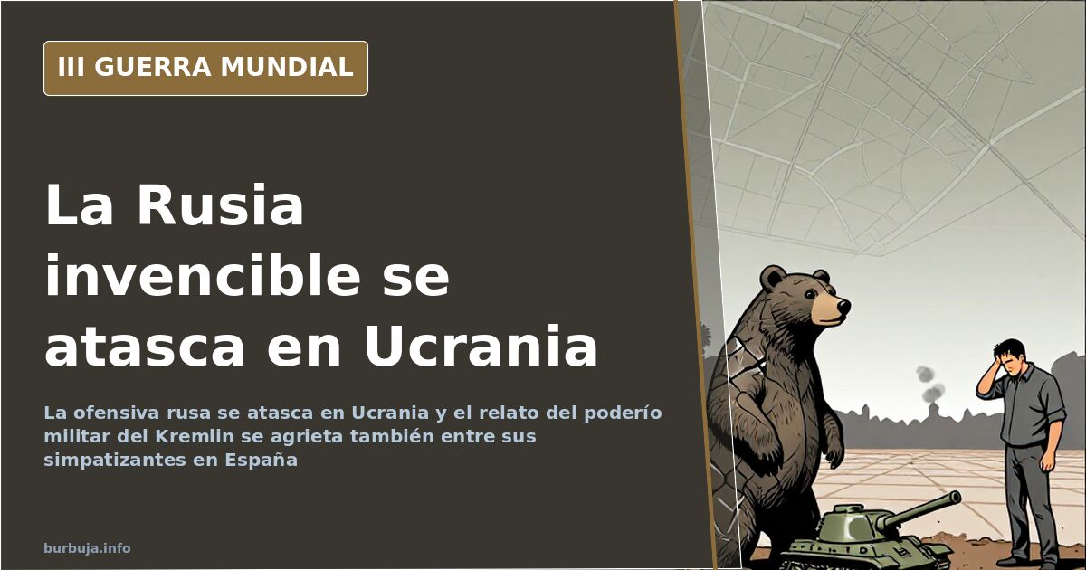 Ilustración documental desaturada con mapas y siluetas de vehículos militares sobre Ucrania y humo lejano en el horizonte