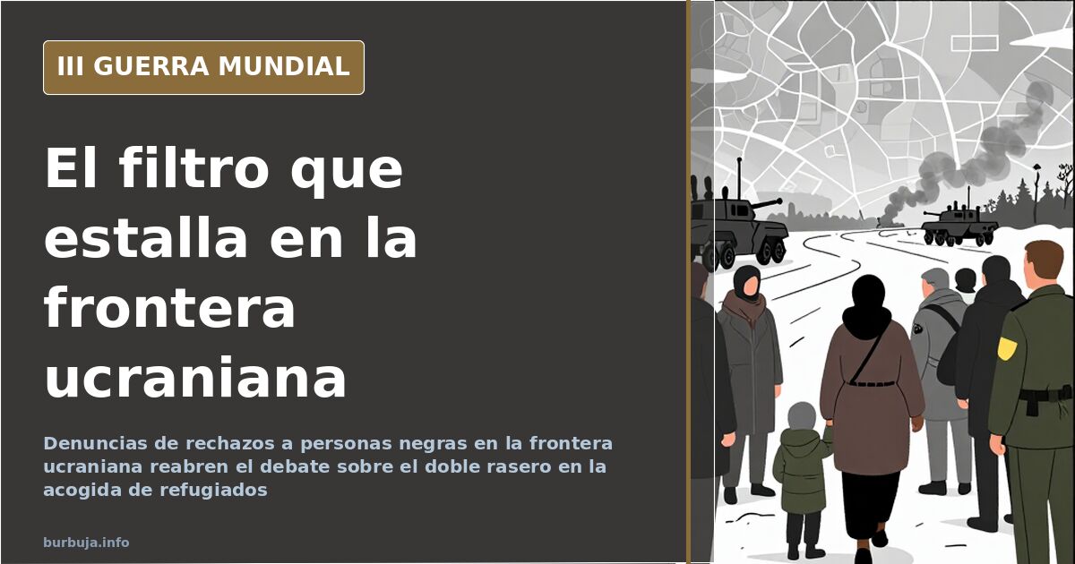 Refugiados esperando junto a una frontera nevada, con columnas de humo en el horizonte y siluetas de vehículos militares