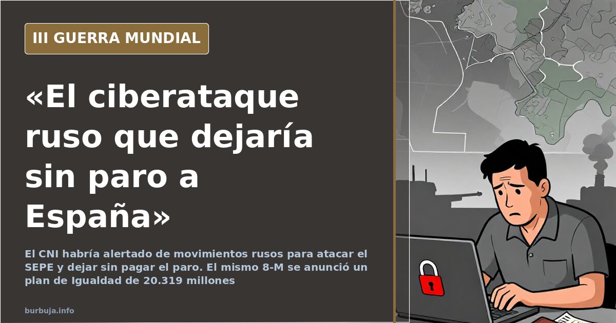 Infografía desaturada de servidores del SEPE bajo la sombra de un ciberataque, con siluetas y mapas de Europa al fondo