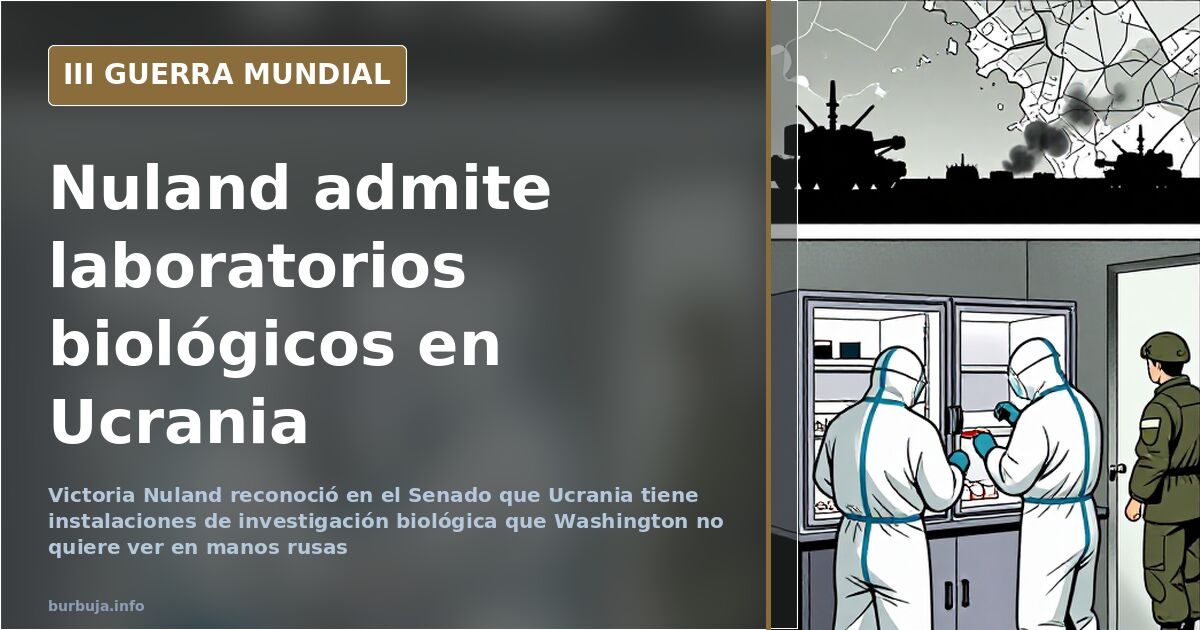 Mapa de Ucrania con siluetas de edificios de laboratorio y una funcionaria estadounidense compareciendo ante el Senado