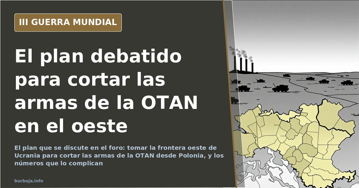 Mapa del oeste de Ucrania y su frontera con Polonia con siluetas de equipo militar y columnas de humo lejano