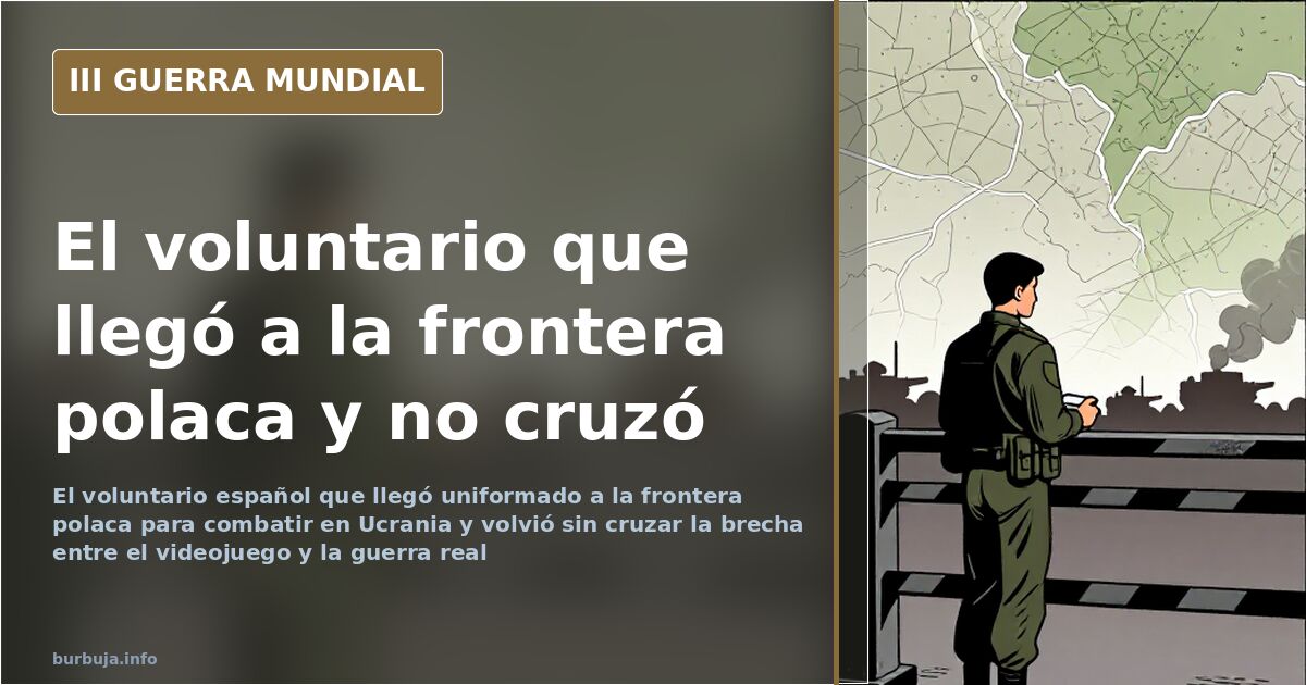 Voluntario con uniforme y brazalete ucraniano en la frontera polaca, con siluetas de equipo militar y humo lejano al fondo