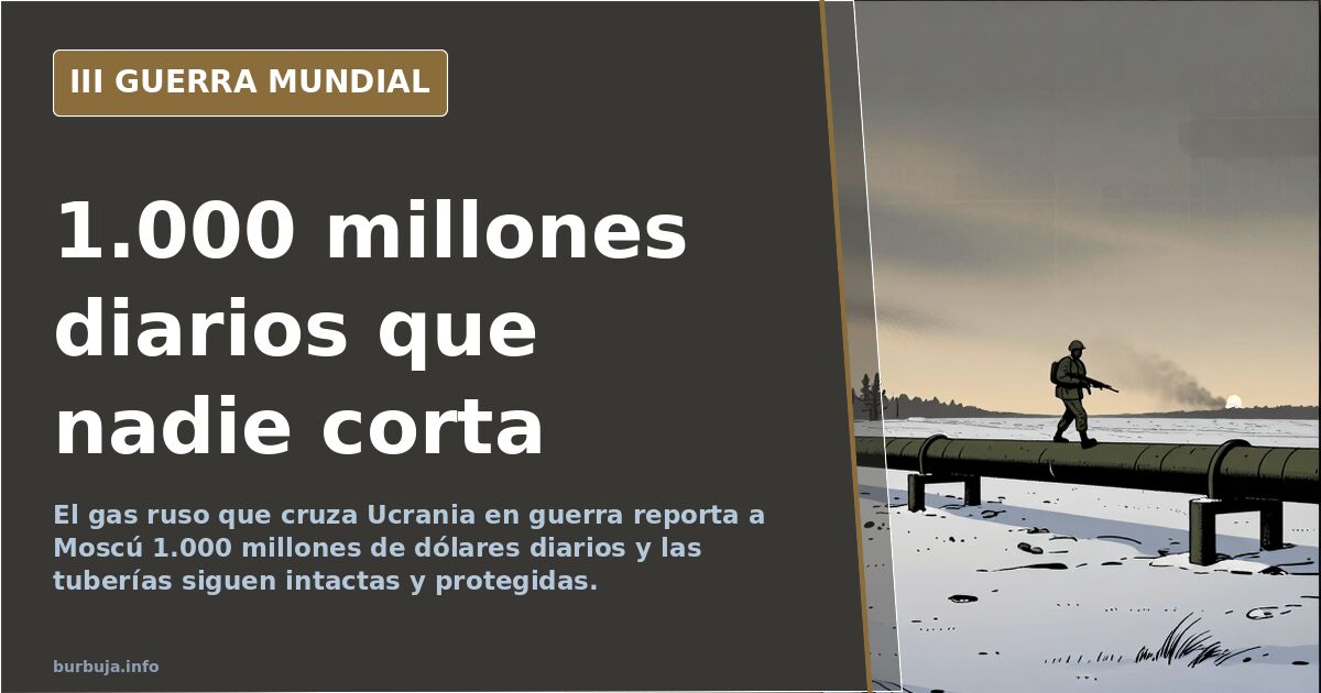 Gasoductos rusos cruzando la llanura ucraniana entre la niebla con siluetas de equipamiento militar y humo lejano al fondo