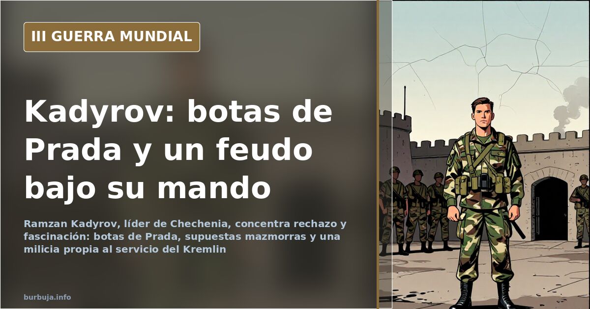 Retrato documental de Ramzan Kadyrov ante un mapa del Cáucaso, con humo distante y siluetas de vehículos militares