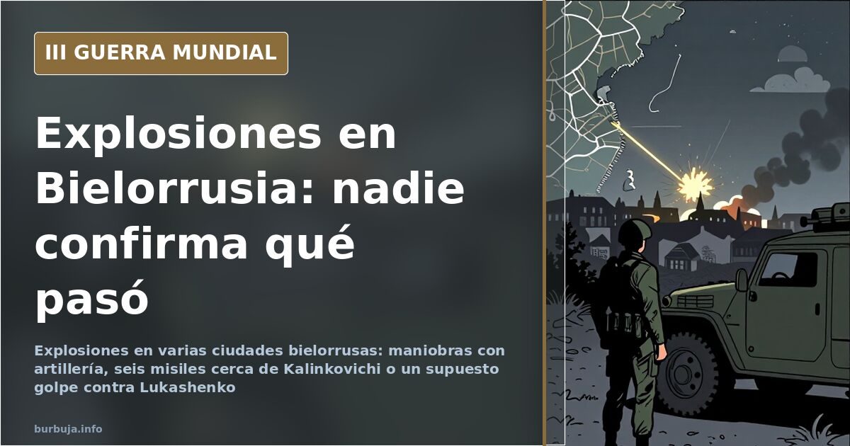 Silueta de un avión de transporte militar despegando de un aeródromo bielorruso al anochecer, con columnas de humo en el hori