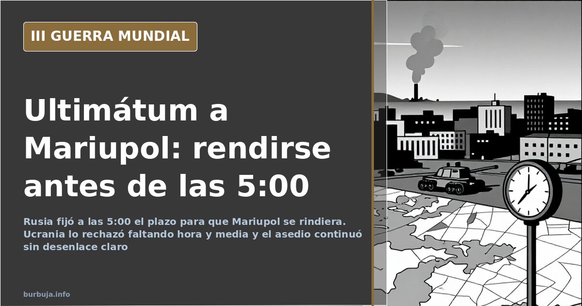 Vista documental de una ciudad sitiada bajo humo lejano con la hora límite del ultimátum ruso a Mariupol en un reloj
