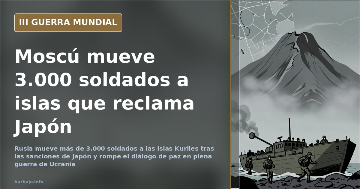Ilustración documental con siluetas de vehículos militares y un mapa de las islas Kuriles en disputa entre Rusia y Japón
