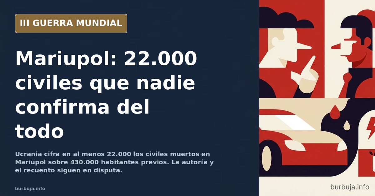 Ilustración documental desaturada de la ciudad asediada de Mariupol con siluetas de vehículos militares y humo lejano en el h