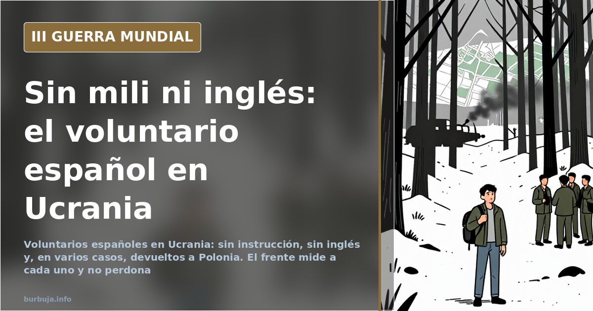 Silueta de un voluntario con equipamiento ligero ante un mapa de Ucrania, con columnas de humo lejano en el horizonte