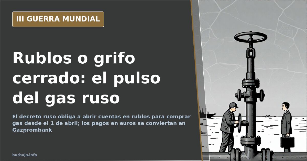 Infraestructura de gasoductos rusos hacia Europa con siluetas de buques y una entidad bancaria en el punto de pago