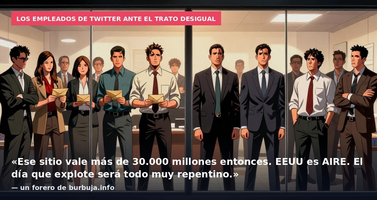 Los empleados de Twitter ante el trato desigual: «Ese sitio vale más de 30.000 millones entonces. EEUU es AIRE. El día que explote será todo muy repentino.» — un forero de burbuja.info