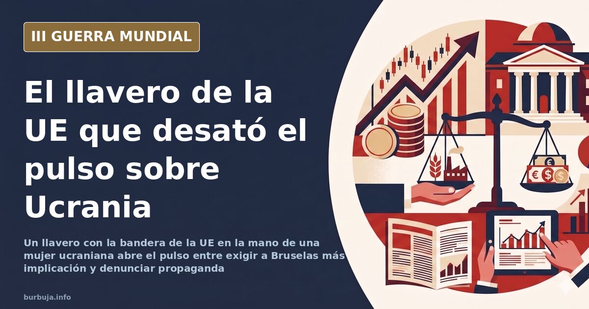Primer plano de una mano que sostiene un llavero con la bandera de la Unión Europea en un entorno de posguerra