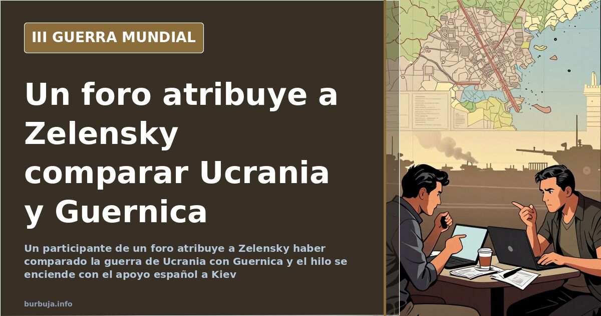Ilustración de una ciudad en ruinas con la silueta del Guernica de Picasso, evocando la comparación atribuida a Zelensky con 