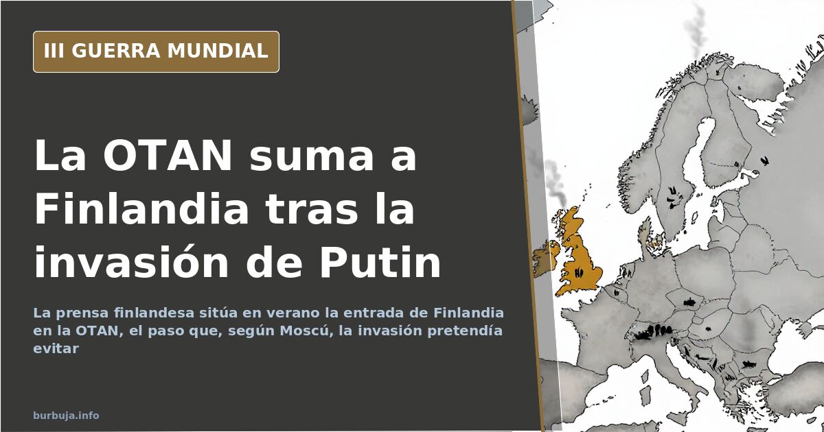 Mapa del norte de Europa con la frontera entre Finlandia y Rusia y siluetas de vehículos militares en la distancia