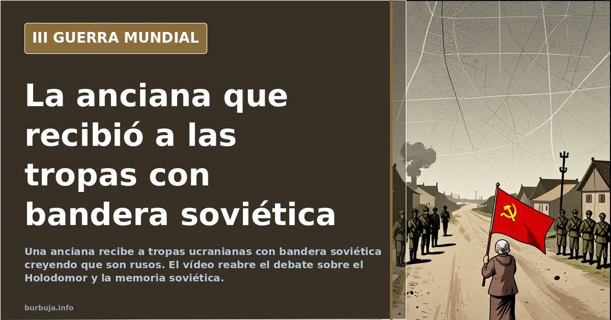 Anciana sosteniendo una bandera de la URSS frente a soldados ucranianos