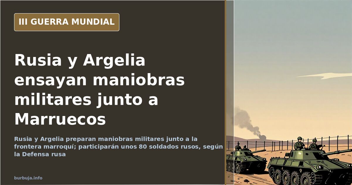 Mapa del norte de África con la frontera entre Argelia y Marruecos marcada y siluetas de vehículos militares rusos y argelino