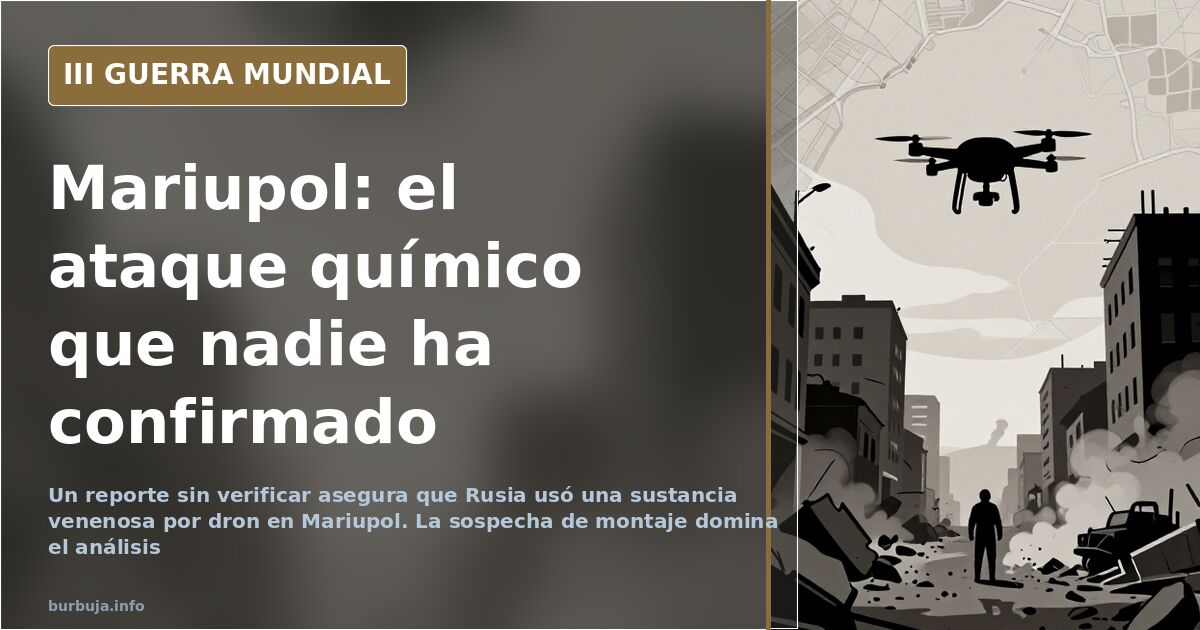 Dron militar sobrevolando una ciudad industrial en ruinas con columnas de humo al fondo durante la batalla de Mariupol