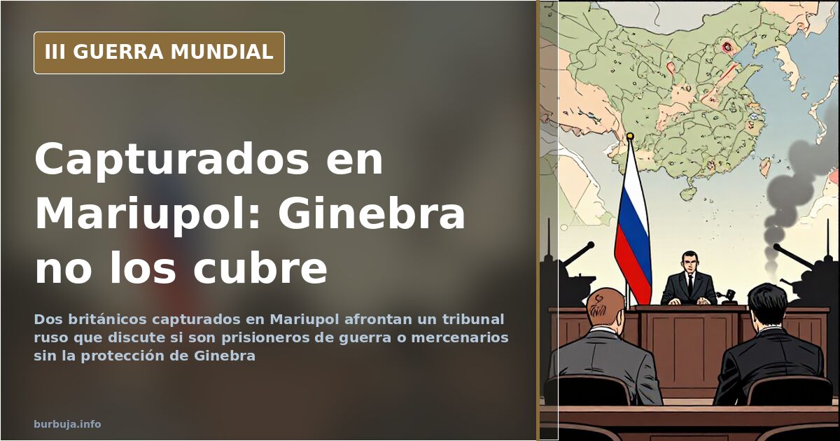 Silueta de soldado con bandera británica frente a un mapa del Donbass y columnas de humo sobre Mariupol en tonos desaturados