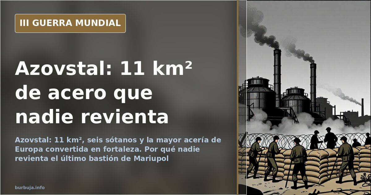 Ilustración de la planta de Azovstal en Mariupol con naves siderúrgicas, túneles subterráneos y columnas de humo al fondo