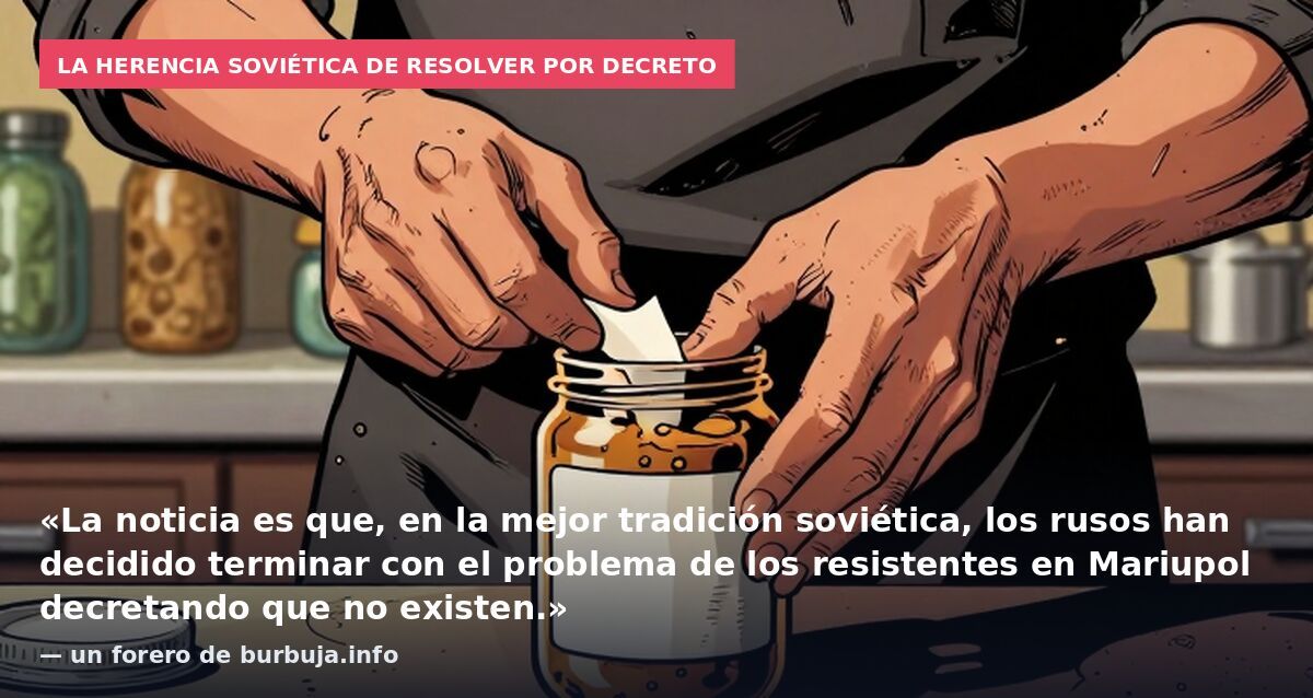 La herencia soviética de resolver por decreto: «La noticia es que, en la mejor tradición soviética, los rusos han decidido terminar con el problema de los resistentes en Mariupol decretando que no existen.» — un forero de burbuja.info