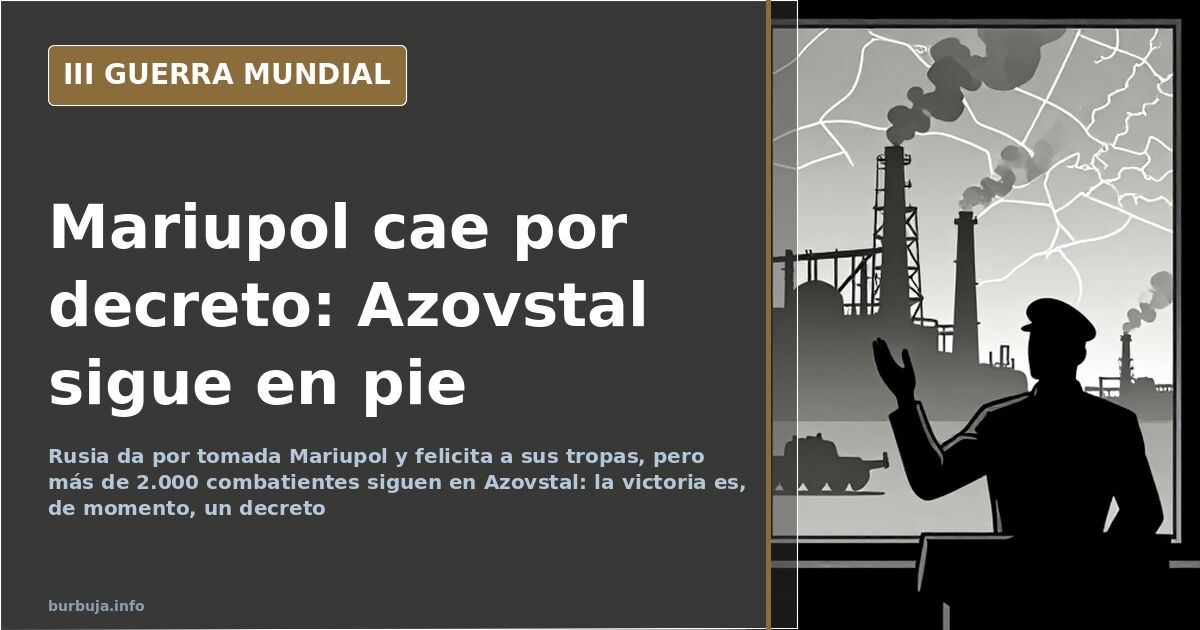 Silueta de la planta siderúrgica de Azovstal en Mariupol con columnas de humo y bandera izada sobre un edificio industrial