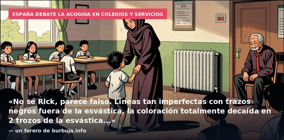 España debate la acogida en colegios y servicios: «No sé Rick, parece falso. Líneas tan imperfectas con trazos negros fuera de la esvástica, la coloración totalmente decaída en 2 trozos de la esvástica...» — un forero de burbuja.info