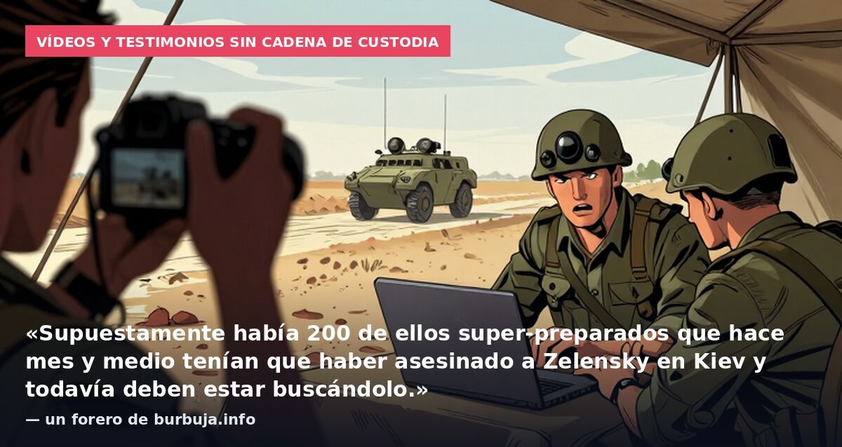 Vídeos y testimonios sin cadena de custodia: «Supuestamente había 200 de ellos super-preparados que hace mes y medio tenían que haber asesinado a Zelensky en Kiev y todavía deben estar buscándolo.» — un forero de burbuja.info