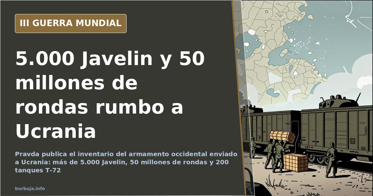 Mapa de Europa con siluetas de obuses, blindados y misiles antitanque junto a columnas de cifras sobre armamento enviado a Uc