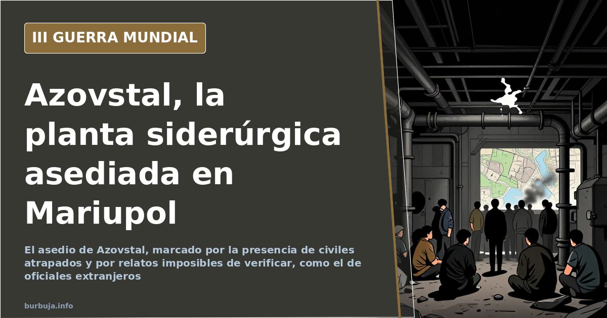 Ilustración de la planta siderúrgica de Azovstal con humo y siluetas de vehículos militares en el horizonte